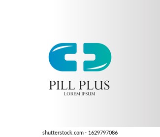 Drug logo vector, Graphic pilule with cross label symbol for pharmacy