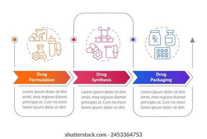 Drug manufacturing rectangle infographic template. Data visualization with 3 steps. Editable timeline info chart. Workflow layout with line icons. Myriad Pro-Bold, Regular fonts used