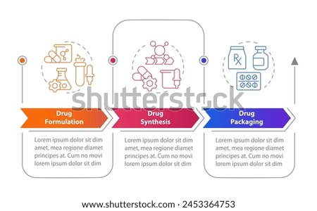 Drug manufacturing rectangle infographic template. Data visualization with 3 steps. Editable timeline info chart. Workflow layout with line icons. Myriad Pro-Bold, Regular fonts used