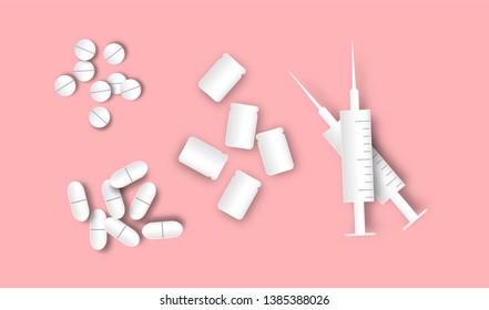 drug and medical equipment on pink background of paper art style,vector or illustration with health care concept 