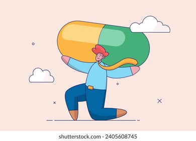 Drug and medicine bills concept. Medical debt, health care and treatment cost from Covid-19 disease, hospital expense, broke bankrupt man carrying giant medicine debt burden after cure from COVID-19