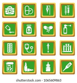Drug medicine icons set vector green square isolated on white background 