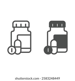 Drug medicine jar line and solid icon, medication concept. Vector graphics. Pill, capsule and plastic jar sign on white background, outline style icon for mobile or web design