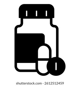 Drug medicine jar solid icon, medication concept. Vector graphics. Pill, capsule and plastic jar sign on white background, glyph style mobile or design