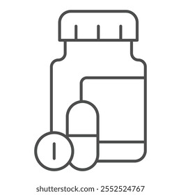 Icono de línea delgada del tarro de la medicina de la droga, concepto de la medicación. Gráficos de Vector. Píldora, cápsula y muestra de plástico del tarro en el fondo blanco, icono del estilo del contorno para el móvil o el Diseño web