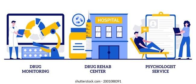 Drug Monitoring, Drug Rehab Center, Psychologist Service Concept With Tiny People. Addiction Treatment, Narcotic Addict Medication, Recovery And Rehabilitation Abstract Vector Illustration Set.