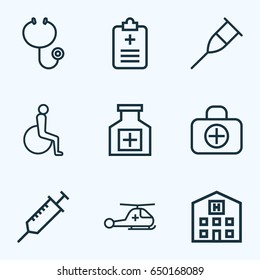 Drug Outline Icons Set. Collection Of Handicapped, Copter , Pills Elements. Also Includes Symbols Such As Helicopter, Color, Disabled.