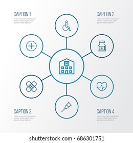 Drug Outline Icons Set. Collection Of Plaster, Mark, Heartbeat And Other Elements. Also Includes Symbols Such As Crutch, Drug, Building.