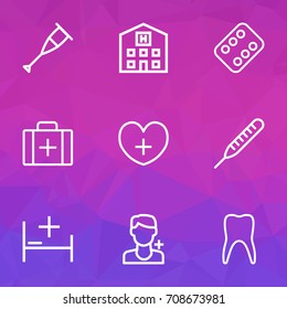 Drug Outline Icons Set. Collection Of Case, Thermometer, Crutch And Other Elements. Also Includes Symbols Such As Heart, Spike, Bed.