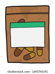 Drug pill in brown plastic bag / cartoon vector and illustration, hand drawn style, isolated on white background.