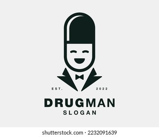 Farmacia de la cápsula de la píldora de medicamentos Hombre de negocios Retrato Personas Guy Suit Mascot Logo Diseño