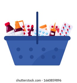 Drug and pill for disease treatment in big shopping basket. Healthcare and pharmacy concept. Isolated vector illustration in cartoon style.