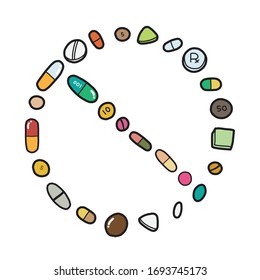 Drug pills alignment / cartoon vector and illustration, hand drawn style, isolated on white background.