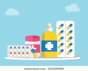 Drug pills container or vitamins and minerals pill isolated vector set