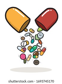 Drug pills insiide big capsule / cartoon vector and illustration, hand drawn style, isolated on white background.