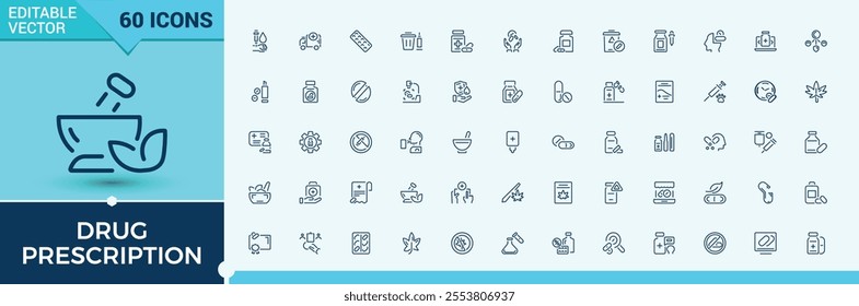 Drug Prescription icons. Contains related to prescription, drug, pain, pill, care, pharmaceutical, healthcare, recipe. Perfect for logos and infographics. Editable stroke.