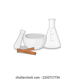 Drug processing equipment and materials illustration. Glass, grinder, and cinnamon. Medical concept isolated vector. 