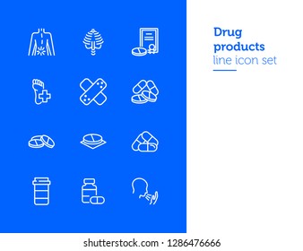 Drug products line icon set. Set of line icons on white background. Healthcare concept. Stomach, gemma, liver. Vector illustration can be used for topics like medicine, health, treatment