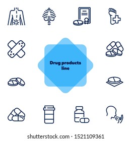 Drug products line icon set. Set of line icons on white background. Healthcare concept. Stomach, gemma, liver. Vector illustration can be used for topics like medicine, health, treatment