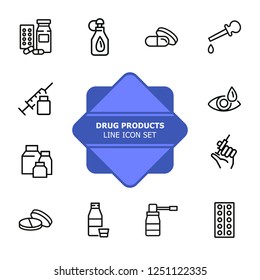 Drug products line icons. Set of line icons on white background. Aid, syringe, pills. Medicine concept. Can be used for topics like pharmacy, medicine, hospital