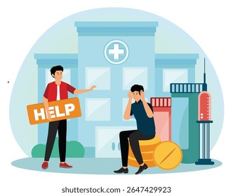 Drug rehab center concept. Health problems and seeking help near the hospital building, emphasizing the support of drug rehabilitation health services.