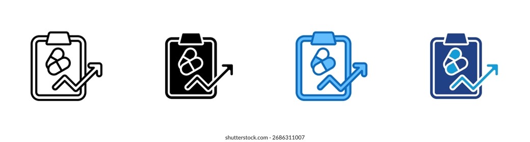 Drug Report Multiple Style Icon Sheet Design Vector - Clipboard with pills and upward arrow, representing medical statistics, drug growth, or pharmaceutical progress
