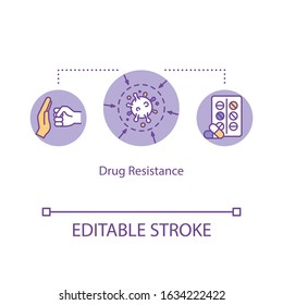 Drug resistance concept icon. Microorganism mutation. Autoimmune disease. Pharmacy treatment. Pathogen idea thin line illustration. Vector isolated outline RGB color drawing. Editable stroke