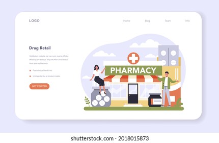 Drug retailing industry sector of the economy web banner or landing page. Pharmacy worker selling drugs in bottle and box for disease treatment. Drugstore distribution. Isolated vector illustration