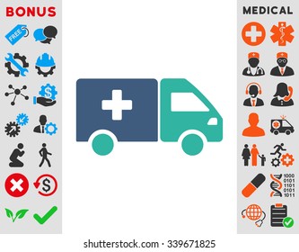 Drug Shipment vector icon with bonus. Style is bicolor flat symbol, cobalt and cyan colors, rounded angles, white background.