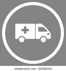 Drug Shipment vector icon. Style is flat circled symbol, white color, rounded angles, gray background.