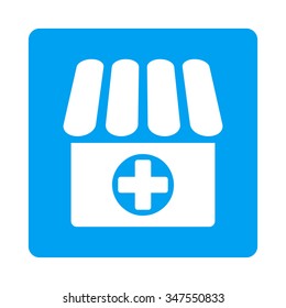 Drug Shop vector icon. Style is flat rounded square button, white and blue colors, white background.