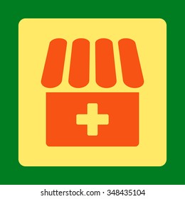 Drug Shop vector icon. Style is flat rounded square button, orange and yellow colors, green background.
