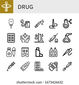 drug simple icons set. Contains such icons as Medicine, Intravenous saline drip, Drugs, Syringe, Needle, Flask, Blister pack, Healthcare, can be used for web, mobile and logo