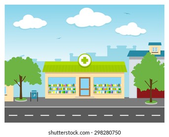 Drug store in the city street with trees, buildings and skyine