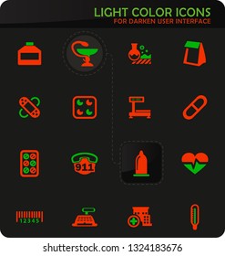 Drug store easy color vector icons on darken background for user interface design