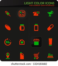 Drug store easy color vector icons on darken background for user interface design