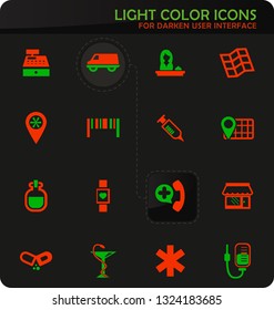 Drug store easy color vector icons on darken background for user interface design