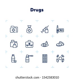 Drug store line icon set. Pills, syringe, eye drops. Medicine concept. Can be used for topics like medication, pharmacy, treatment