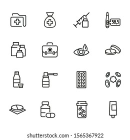 Drug store line icon set. Pills, syringe, eye drops. Medicine concept. Can be used for topics like medication, pharmacy, treatment