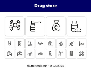 Drug store line icon set. Pills, syringe, eye drops. Medicine concept. Can be used for topics like medication, pharmacy, treatment