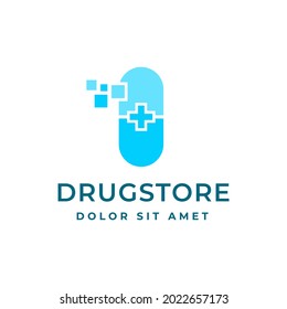 Drug store logo concept in pill shape isolated on white background. Pill concept logo.