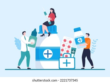 Drug Store Template Hand Drawn Cartoon Flat Illustration Shop for the Sale of Drugs, a Pharmacist, Medicine, Capsules and Bottle