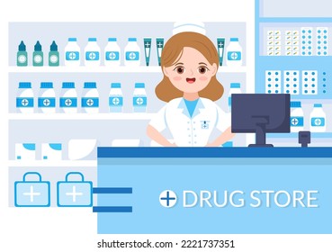 Drug Store Template Hand Drawn Cartoon Flat Illustration Shop for the Sale of Drugs, a Pharmacist, Medicine, Capsules and Bottle