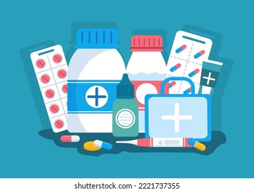 Drug Store Template Hand Drawn Cartoon Flat Illustration Shop for the Sale of Drugs, a Pharmacist, Medicine, Capsules and Bottle