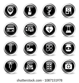 drug store vector icons - black round chrome buttons