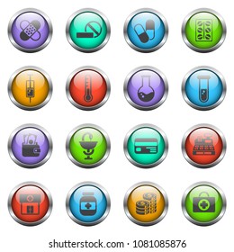 drug store vector icons on color glass buttons