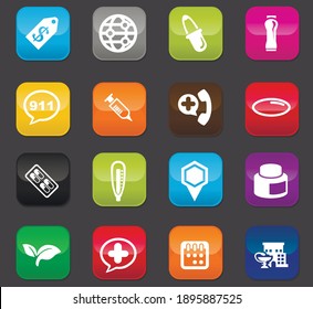 Drug store vector icons for user interface design. Colored buttons on a dark background