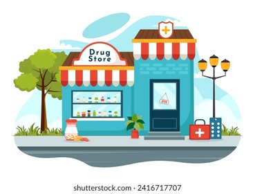 Drug Store Vector Illustration with Shop for the Sale of Drugs, a Pharmacist, Medicine, Capsules and Bottle in Healthcare Flat Cartoon Background