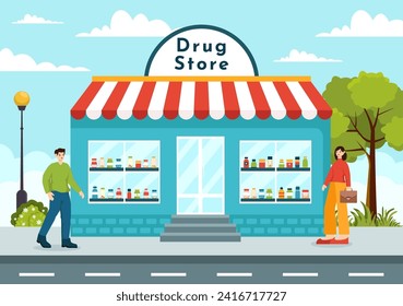 Drug Store Vector Illustration with Shop for the Sale of Drugs, a Pharmacist, Medicine, Capsules and Bottle in Healthcare Flat Cartoon Background