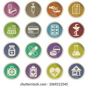 drug store web icons for user in the form of round paper labels